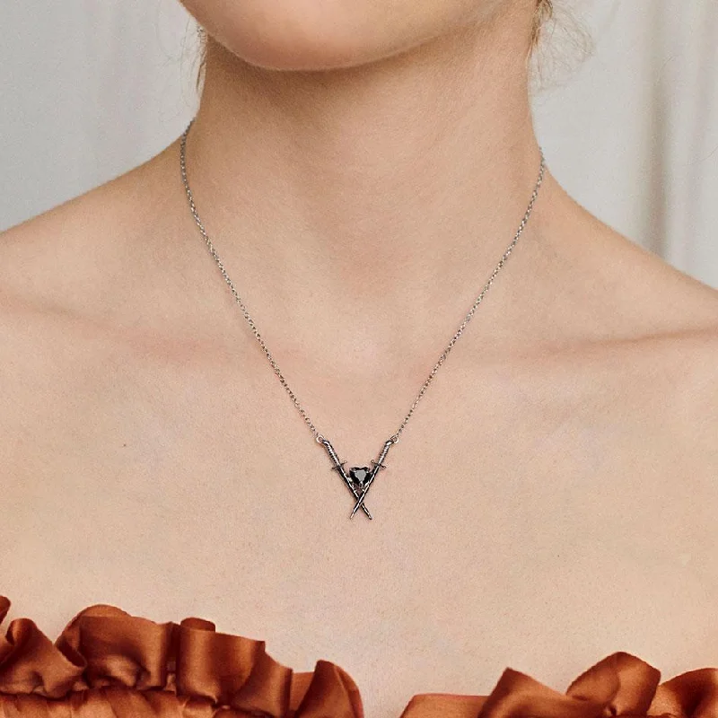 Sapphire Necklaces-ABJURE. Crossed Swords & Onyx Heart Necklace - Silver