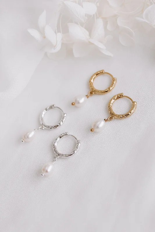 Large Silver Earrings-Harper - Gold or Silver Sterling Silver Pearl Hoops