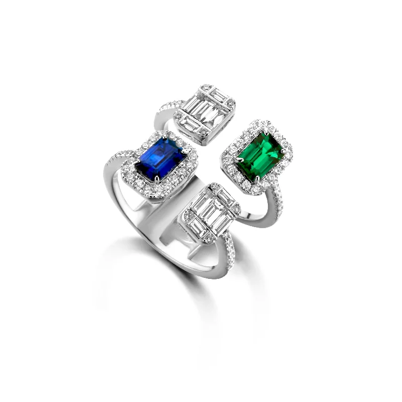 Custom Diamond Promise Rings-Sapphire ,Emerald & Diamonds "chess" Ring