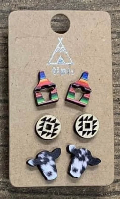 Luxury Gemstone Earrings-Eartag Steer Head Round Aztec Serape & Cowhide Wooden Earrings