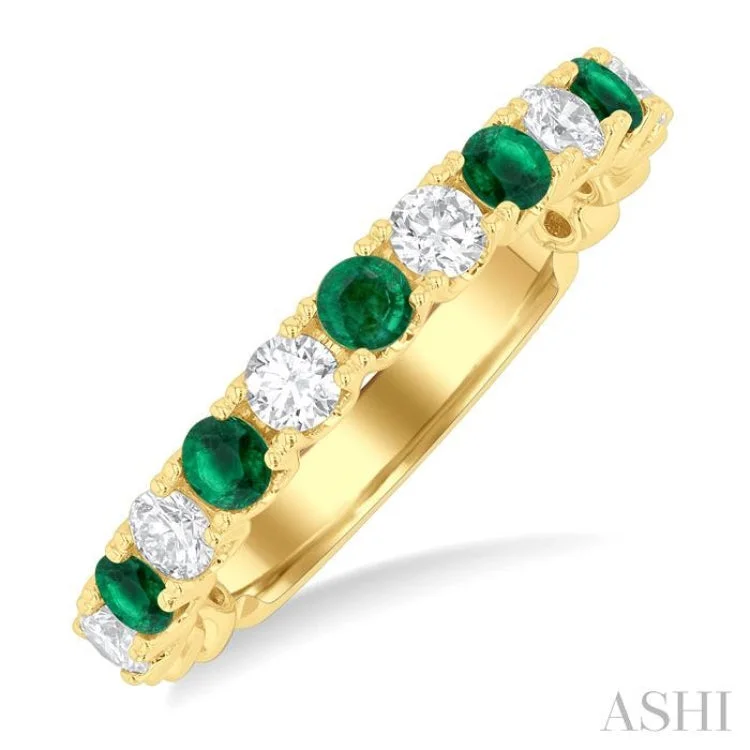 Black Stainless Steel Rings-2.6 MM Emerald and 3/8 ctw Round Cut Diamond Precious Wedding Band in 14K Yellow Gold