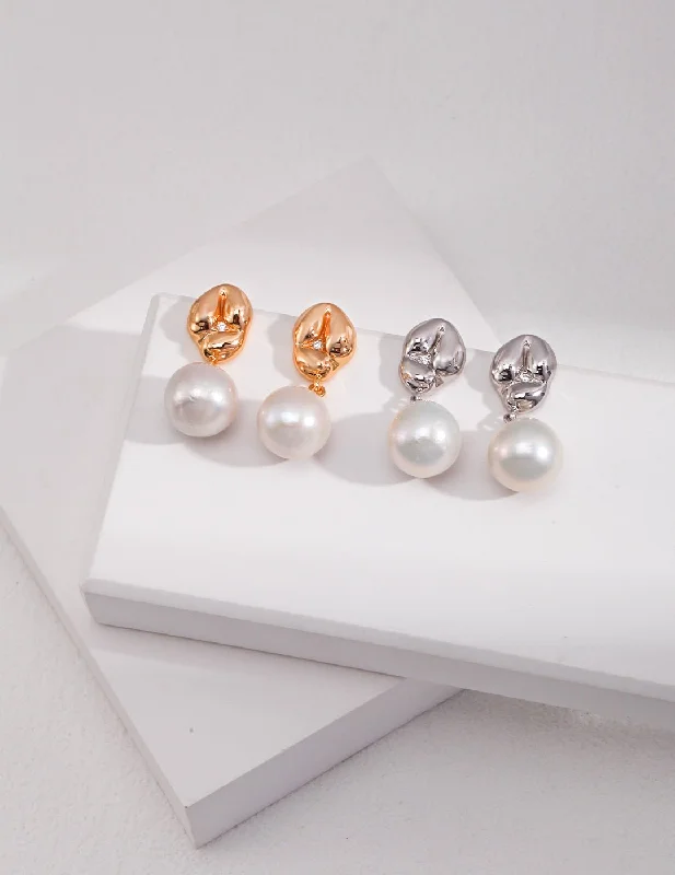 Trendy Silver Earrings-Asymmetrical Textured Pearl Earrings with Zircon Accents