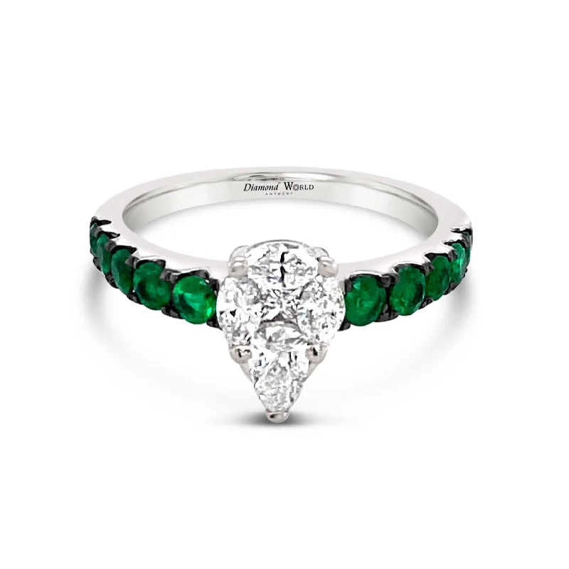 Designer Wedding Rings for Men-Pear shape Style invisible set Diamonds & Emeralds Ring