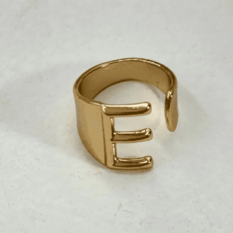 Black Stainless Steel Rings-TFC Letter- E Gold Plated Adjustable Ring