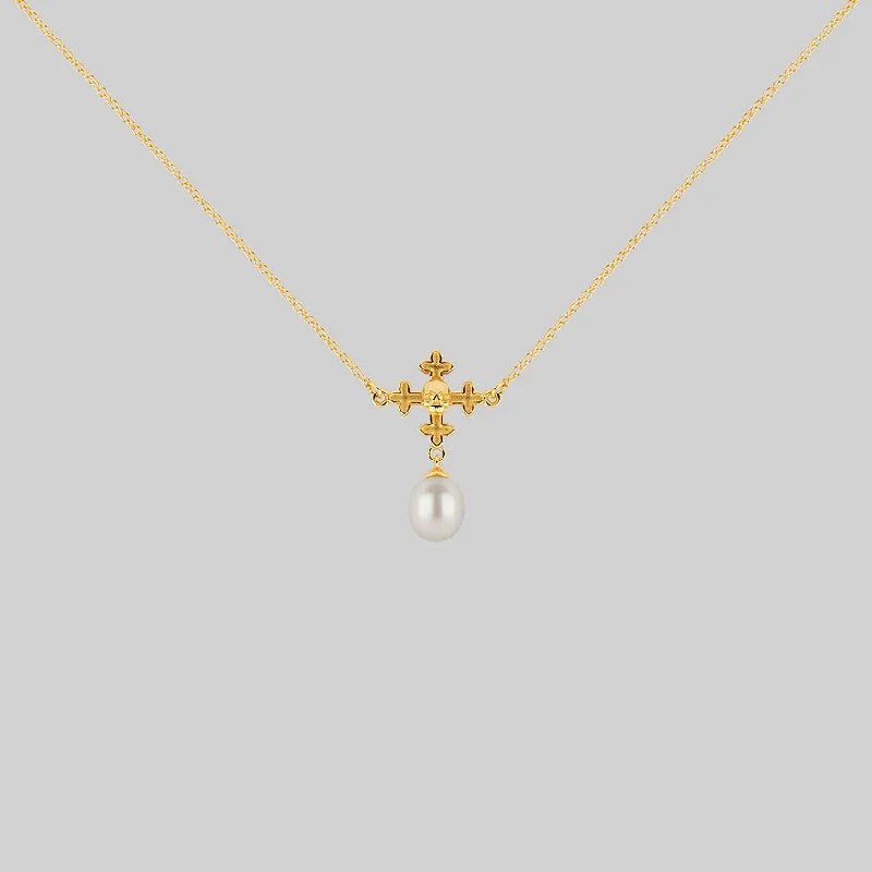 Engraved Necklaces-OPHELIA. Medieval Cross Collar - Gold