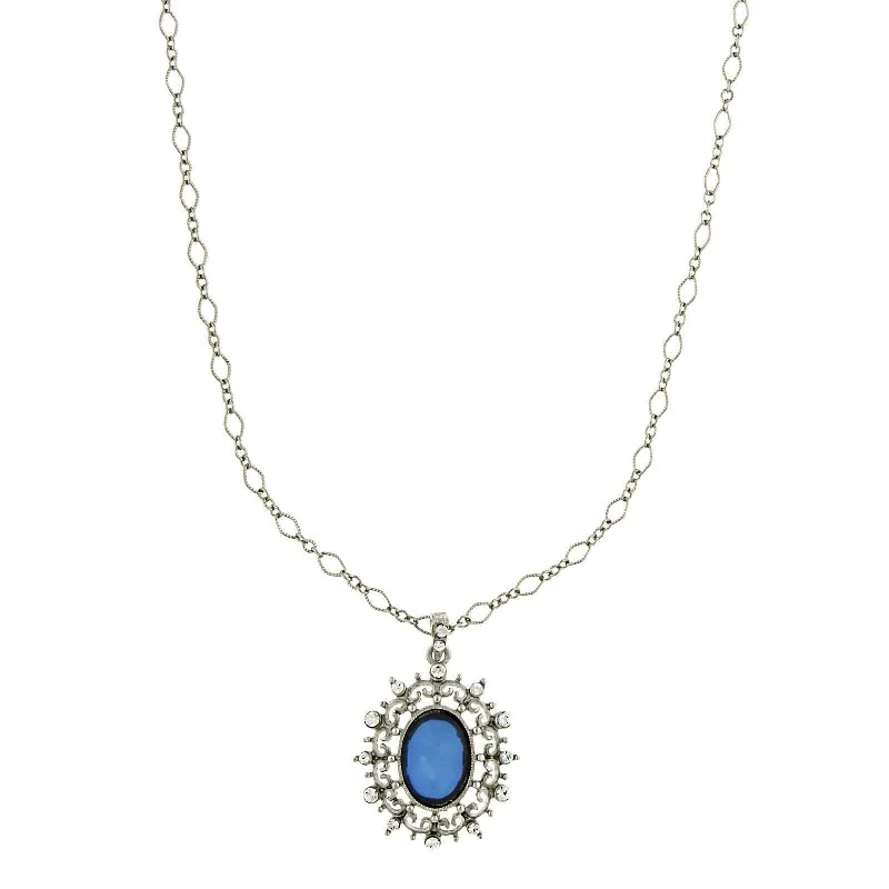 Artistic Pendant Necklaces-2028 Jewelry Blue Stone And Crystal Oval Pendant Necklace 16" + 3" Extender