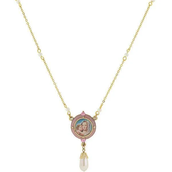 One-Of-A-Kind Necklaces-Symbols Of Faith Pink & Faux Pearl Drop Pendant Mary And Child Necklace 16" + 3" Extender