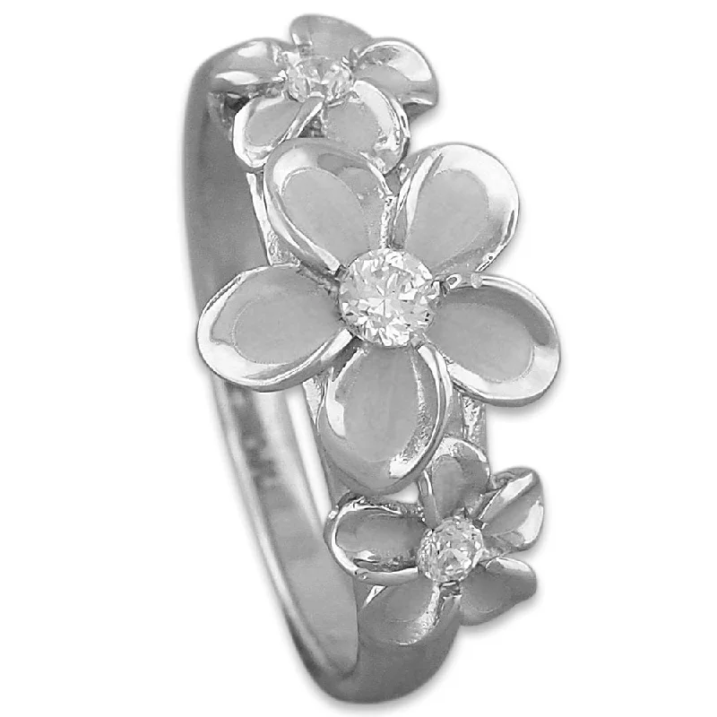 Crystal Wedding Rings-Sterling Silver Hawaiian Three Plumeria Ring