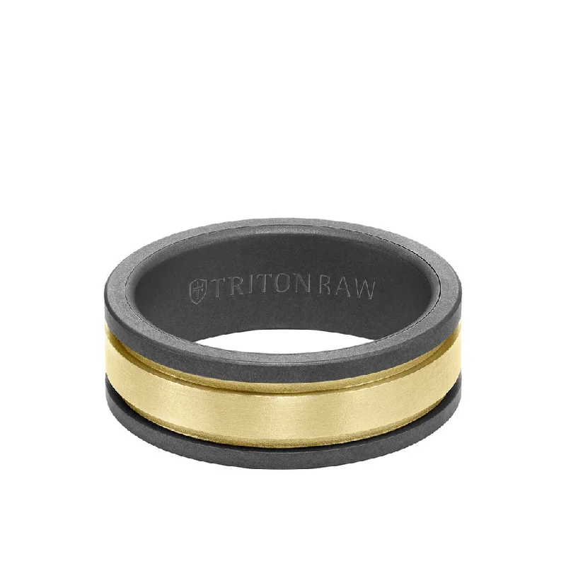 Gemstone Promise Wedding Rings-8MM Tungsten RAW + 14K Matte Yellow Gold Ring with Flat Edge