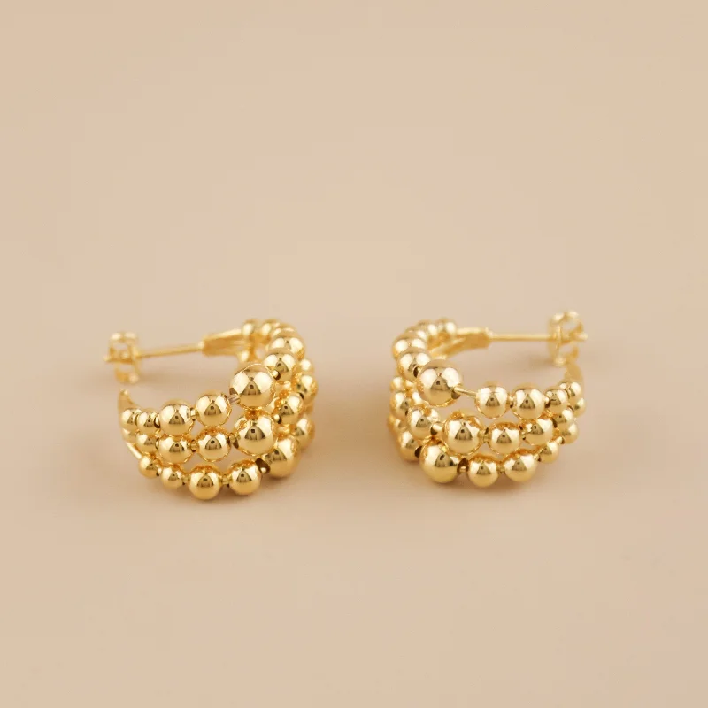 Colorful Gold Earrings-Triple Beaded C-Hoop Earrings