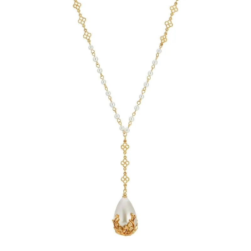 Bohemian Necklaces-1928 Jewelry Large Faux Pearl Teardrop Y Pendant Necklace 20"