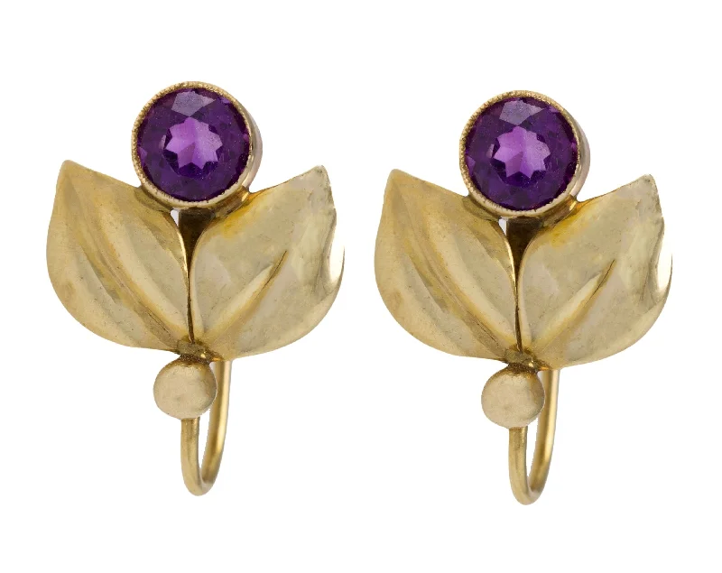 Designer Hoop Earrings-Vintage Estate 14K Yellow Gold 1.06ctw Amethyst Gemstone Non-Pierced Earrings