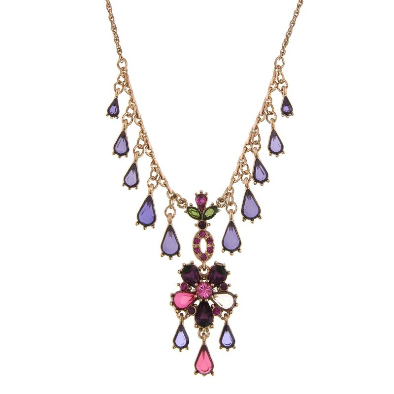 Custom Charm Necklaces-Antiquities Couture Rose Purple Pink And Green Multidrop Pendant Necklace 16" + 3" Extender